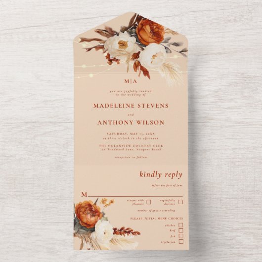 Rustikale botanische Pampas Fall Boho Hochzeit All In One Einladung (Innen Boden)