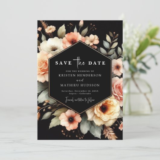 Rustikale Botanische Pfirsichhochzeit Save The Date (Stehend Vorderseite)