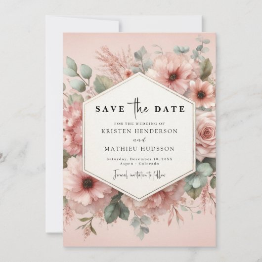 Rustikale Botanische Pink-Blütenhochzeit Save The Date (Vorderseite)