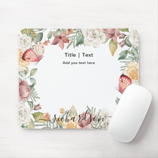 Rustikale botanische Rose Rosa Schmetterling Mousepad (Mit Mouse)