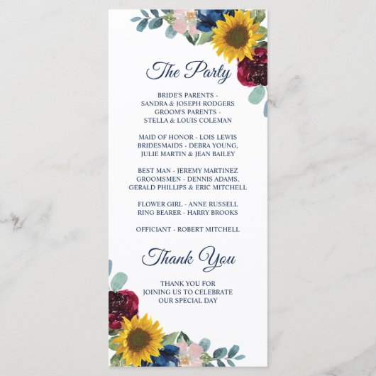 Rustikale Botanische Sonnenblumenhochzeit Programm (Rückseite)