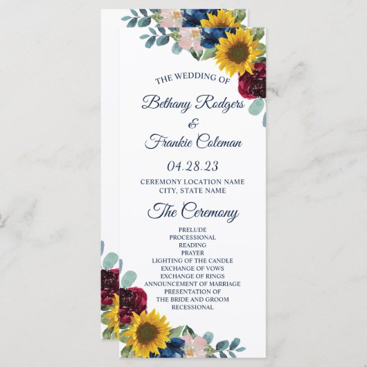 Rustikale Botanische Sonnenblumenhochzeit Programm (Vorne/Hinten)