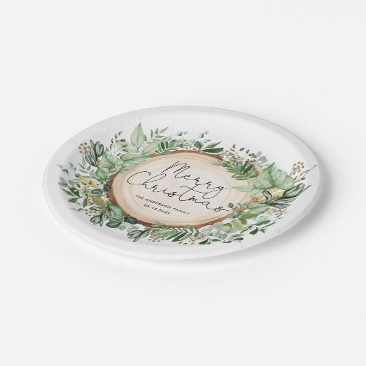 Rustikale botanische Vegetation Frohe Weihnachtsfe Pappteller (Schrägansicht)