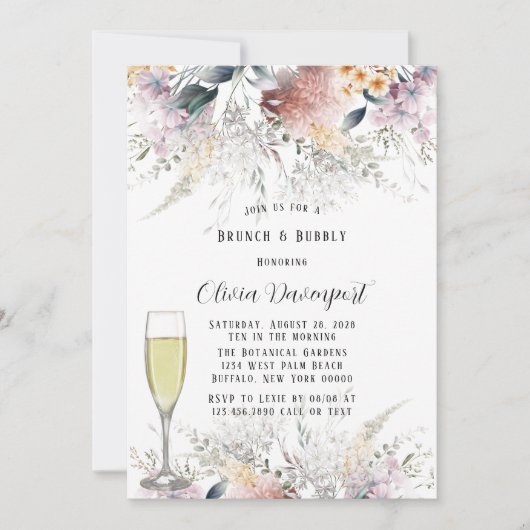 Rustikale botanische Wildblumen Brunch & Bubbly Einladung (Vorderseite)