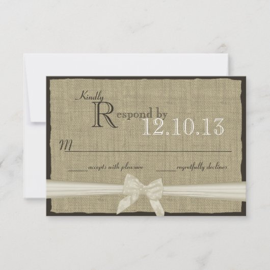 Rustikale Bow- und Burlap-Hochzeitsreaktion RSVP Karte (Vorderseite)
