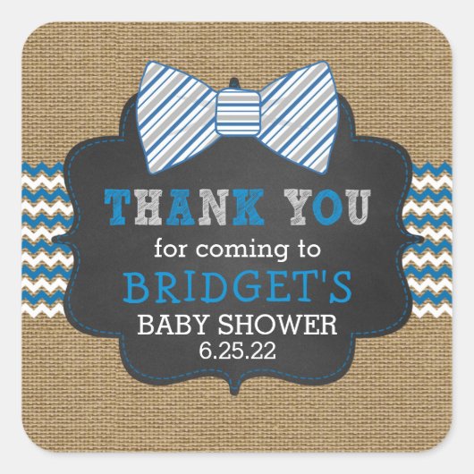 Rustikale Bowtie danke, Baby Dusche Quadratischer Aufkleber (Vorderseite)