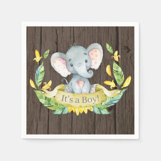 Rustikale Boy Elephant Babydusche Gelb Napkins Serviette (Vorderseite)