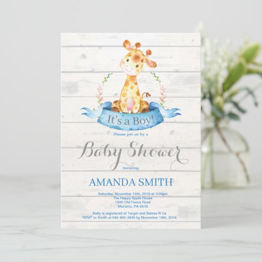 Rustikale Boy Giraffe Babydusche Einladung Blau (Stehend Vorderseite)