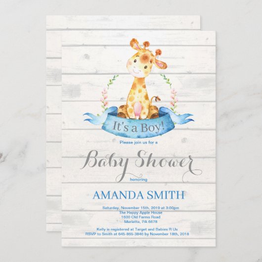 Rustikale Boy Giraffe Babydusche Einladung Blau (Vorne/Hinten)