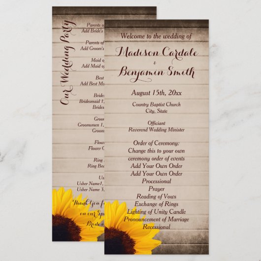 Rustikale Brauerei Sonnenblumen Hochzeitsprogramme Programm (Vorne/Hinten)
