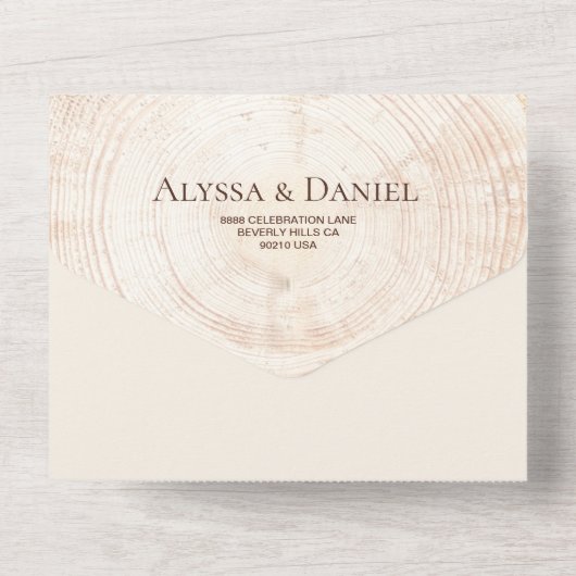 Rustikale Brauereiringe aus Hochholz All In One Einladung (Rückseite)