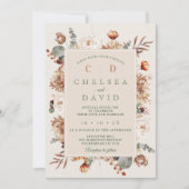 Rustikale Braun-Beige-Monogramm-Blumenzehen Einladung (Vorderseite)