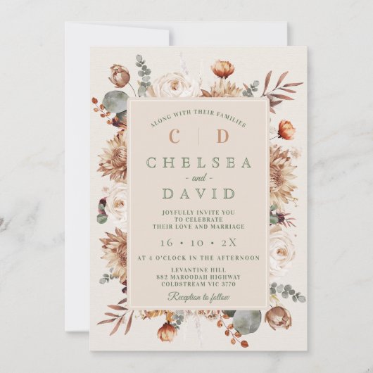 Rustikale Braun-Beige-Monogramm-Blumenzehen Einladung (Vorderseite)