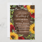 Rustikale Braun-Sonnenblumen und Rote Rose-Hochzei Einladung (Vorderseite)