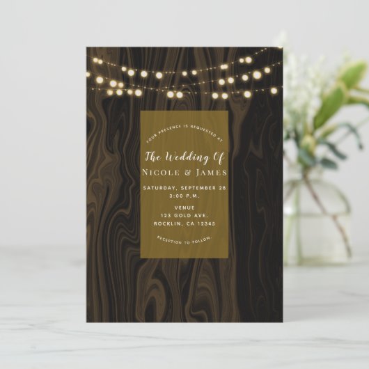 Rustikale Braun-Whimsical-Holz-String-Lichter Hoch Einladung (Stehend Vorderseite)