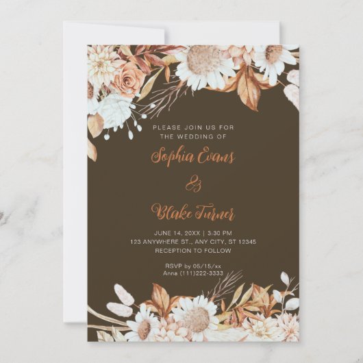 Rustikale braune Blume Boho Wood Brown Wedding Einladung (Vorderseite)