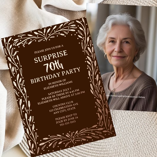 Rustikale braune Blüte 70. Custom Überraschung Geb Folieneinladung