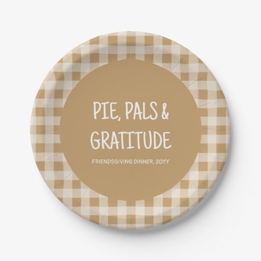 Rustikale braune Gingham-Friendsgiving-Dinnerparty Pappteller (Vorderseite)