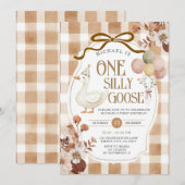 Rustikale braune Gingham-One-Silly-Goose-Geburtsta Einladung (Vorne/Hinten)
