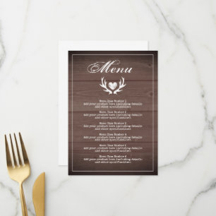 Rustikale braune Holz Hochzeitsempfang Abendmenü Menükarte