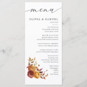 Rustikale braune Orange Blumenschrift-Hochzeit im  Menükarte (Vorderseite)