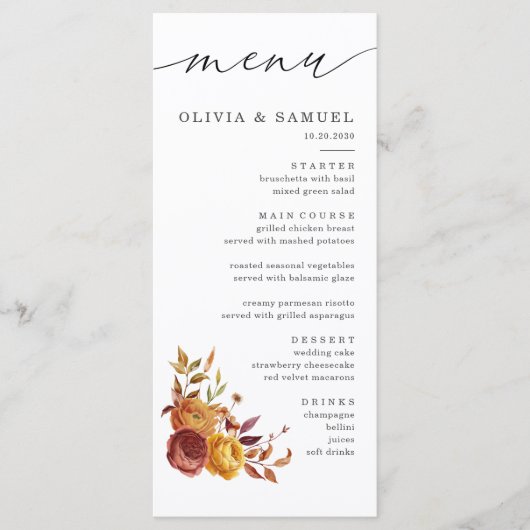 Rustikale braune Orange Blumenschrift-Hochzeit im  Menükarte (Vorderseite)