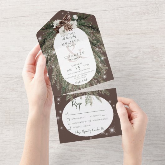 Rustikale Braune Pine Winter Sparkasse Abendessen All In One Einladung (Abreißen)