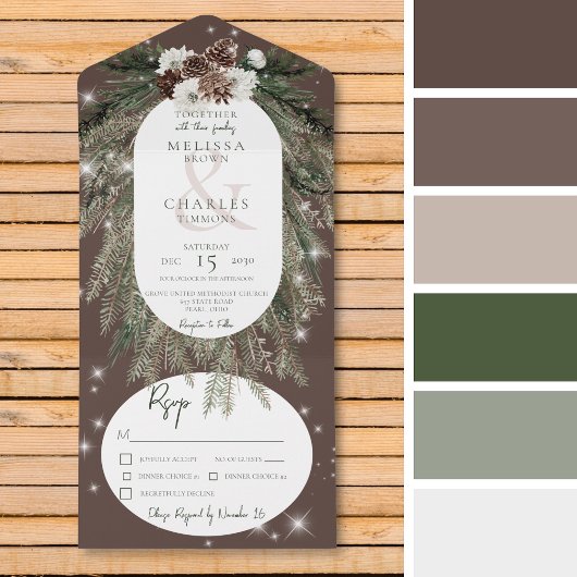 Rustikale Braune Pine Winter Sparkasse Abendessen All In One Einladung