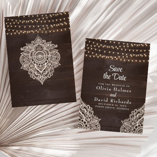 Rustikale braune String-Light-Save the Date-Karte Einladung