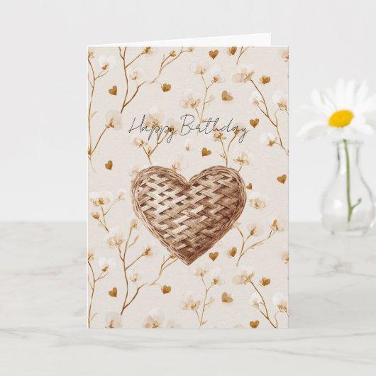Rustikale braune Webherzen zum Geburtstag Karte (Kleine Pflanze)