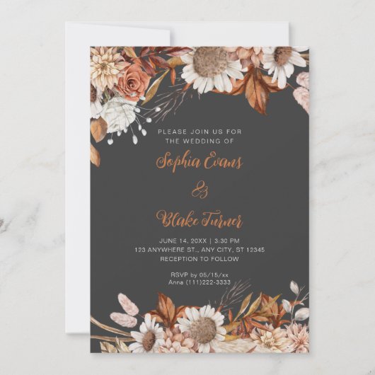 Rustikale braune weiße Blume Boho Gray Wedding Einladung (Vorderseite)