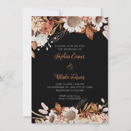 Rustikale braune weiße Blume Boho Gray Wedding Einladung (Vorderseite)