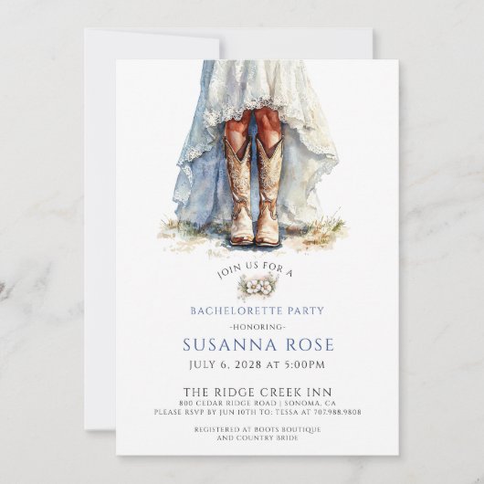 Rustikale Braut in Cowgirl Stiefel Junggeselinnen- Einladung (Vorderseite)