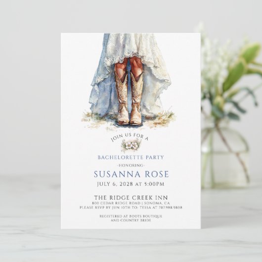 Rustikale Braut in Cowgirl Stiefel Junggeselinnen- Einladung (Stehend Vorderseite)