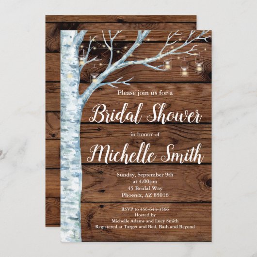 Rustikale Brautdusche Einladung, Birkenbaumholz Einladung (Vorne/Hinten)