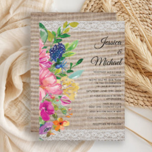 Rustikale Brautladung aus Jute mit rosa-blauer flo Einladung