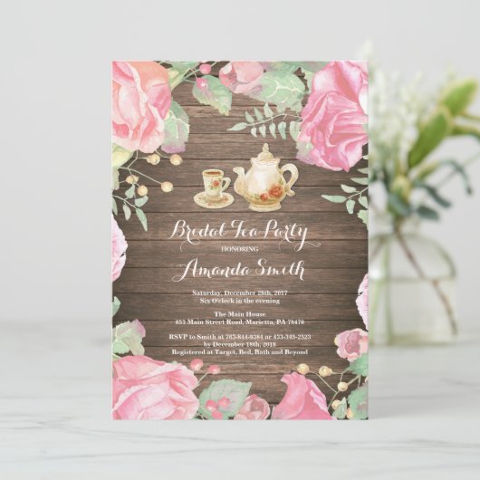 Rustikale Brautparty-Tee-Party Einladung mit (Stehend Vorderseite)