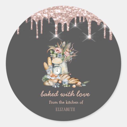 Rustikale Breads Blume Rose Gold Tropfen Bäckerei Runder Aufkleber (Vorderseite)