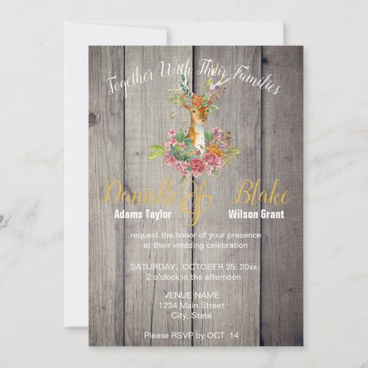 Rustikale Bretter, blumiger Hirschkopf-Goldfoil-Ho Einladung (Vorderseite)