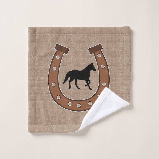 Rustikale Brown-Hufeisen und schwarze Pferde Badhandtuch Set (Waschlappen)