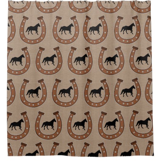 Rustikale Brown-Hufeisen und schwarze Pferde Duschvorhang (Vorderseite)