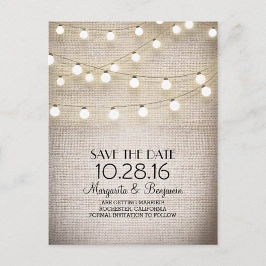 Rustikale Bruch- und Stringlampen Save the Date Ankündigungspostkarte (Vorderseite)