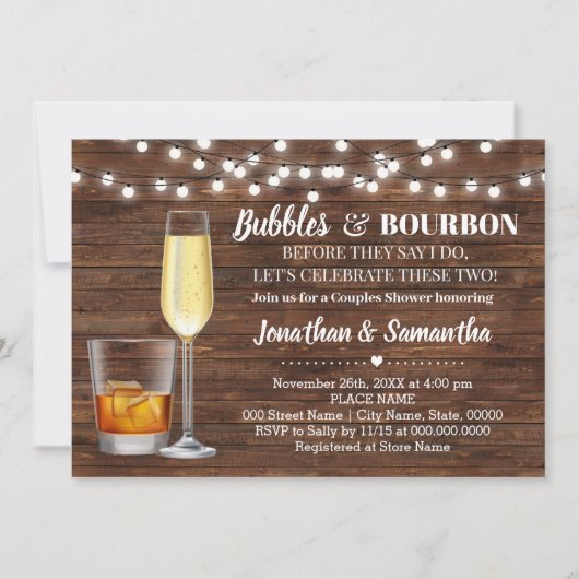 Rustikale Bubbles & Bourbon vor der Hochzeitsfeier Einladung (Vorderseite)