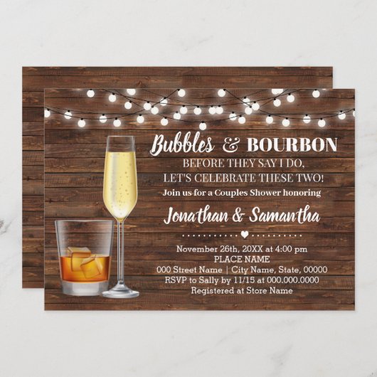 Rustikale Bubbles & Bourbon vor der Hochzeitsfeier Einladung (Vorne/Hinten)