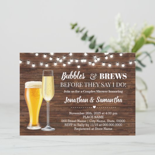 Rustikale Bubbles & Brauereien bevor ich Paare dus Einladung (Stehend Vorderseite)