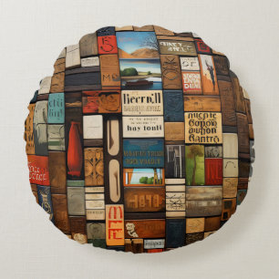 Rustikale Buch- und Schrifttypografie-Kunstcollage Rundes Kissen