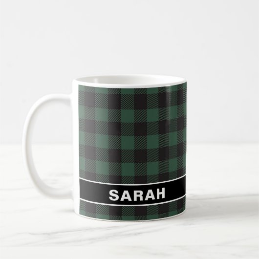 Rustikale Buffalo-Grün-Schwarz-Karo-Name Kaffeetasse (Links)