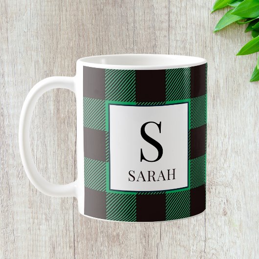 Rustikale Buffalo Grün-Schwarze Karo-Monogramm-Nam Kaffeetasse