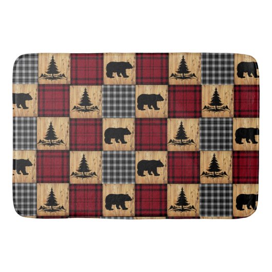 Rustikale Buffalo Karo Bears Bäume Holz Rot Schwar Badematte (Vorderseite)