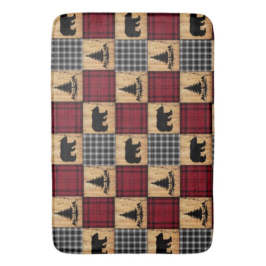 Rustikale Buffalo Karo Bears Bäume Holz Rot Schwar Badematte (Vorderseite Vertikal)